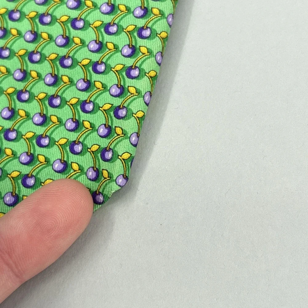 Robert Talbott Tie Mens Green Cherry Fruit Pattern Silk Made USA Necktie Novelty